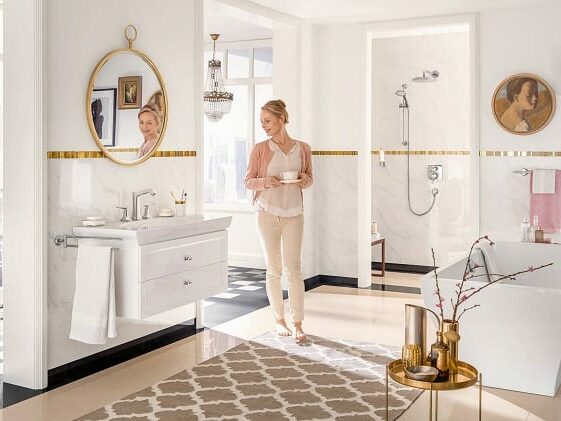 Beautiful bathroom with elegant design and gold accents
